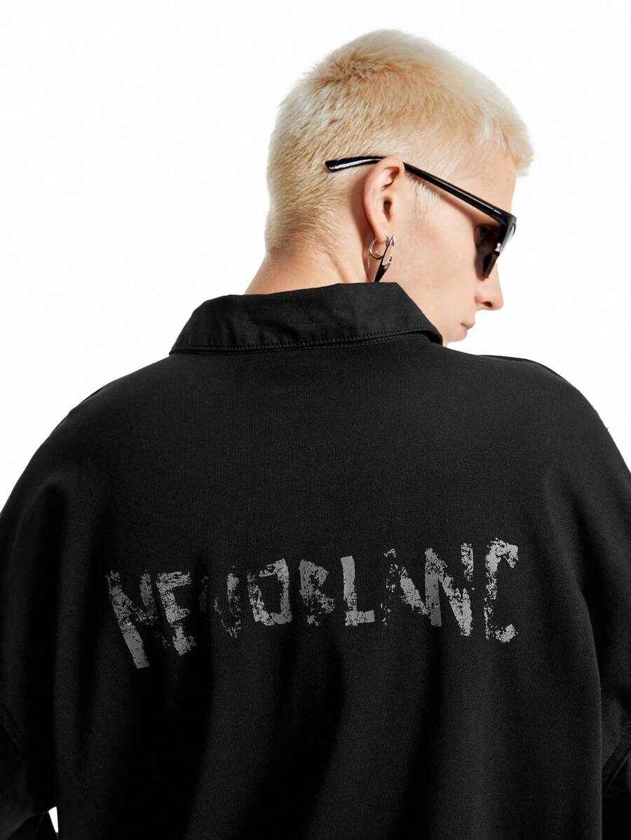 NEON BLANC Men's Cotton Blended Patchwork Knit Loose Turndown Collar Casual Printed Shirt - Black - View 1