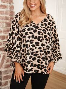 SHEIN LUNE 女性豹紋V領蝙蝠袖系前褶邊寬鬆襯衫 - 棕色 - 查看 4