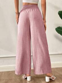 SHEIN Essnce 夏季裤子女士条纹抽绳腰直筒宽松休闲裤 - 粉色 - 查看 2
