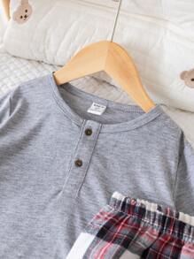 SHEIN 男童纯色上衣和格子裤睡衣套装