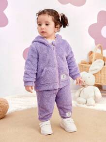 SHEIN Leap Crew 2pcs/Set Baby Girl Cute Solid Color Fluffy Hooded Jacket And Pants Set, Fall/Winter - Purple - View 3