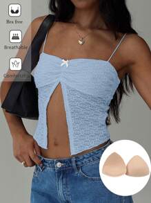 SHEIN Essnce Top camisole d'été avec bonnets de poitrine froncés, bretelles spaghetti et fente avant - Bleu azur - Voir 1