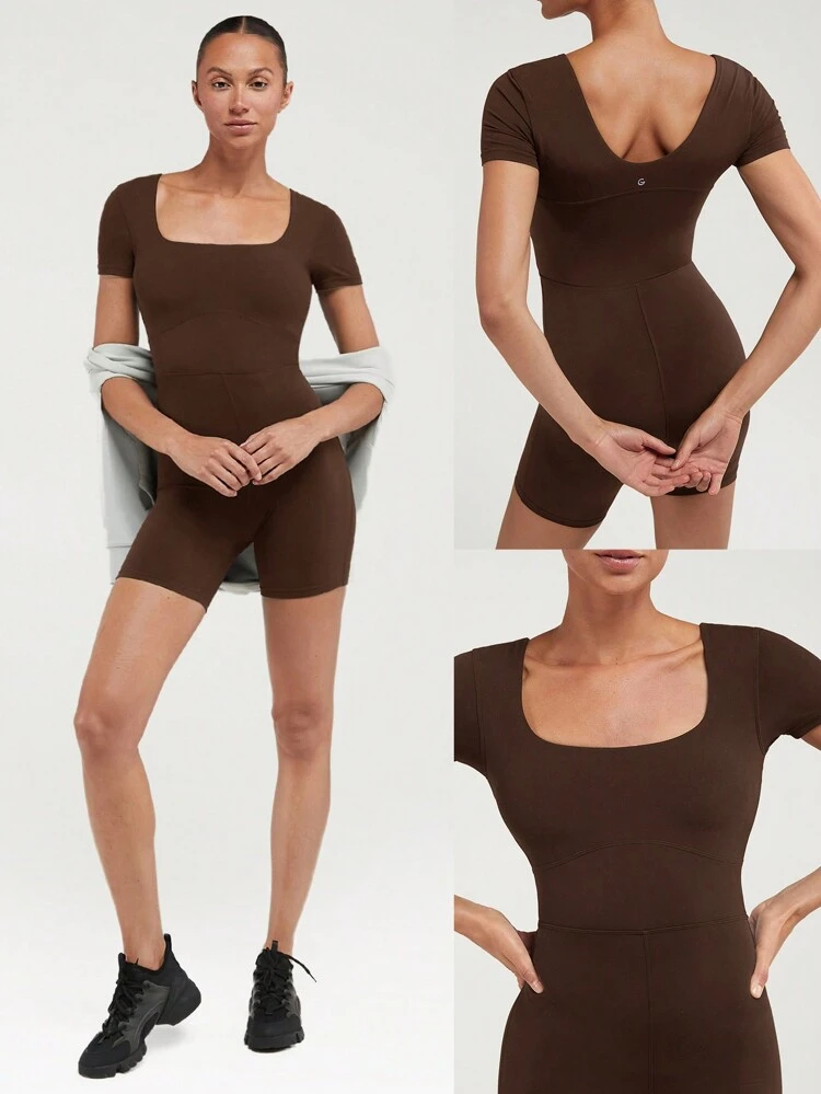 6" FeatherFit™ Tummy Control Square Neck U Back Jumpsuit Light Support Low Impact Yoga Pilates Studio Summer Spring