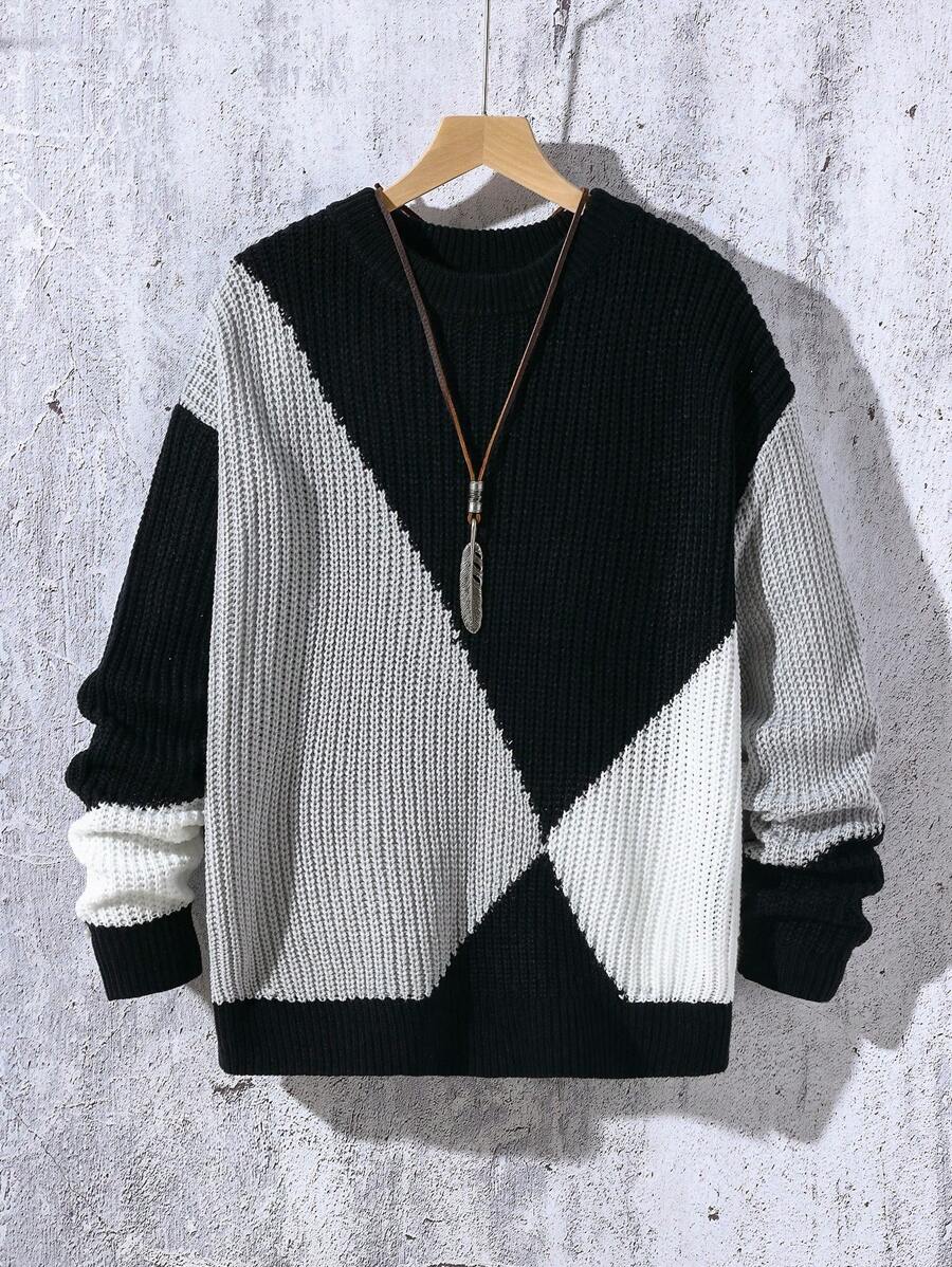 青少年/青少年男孩新款秋冬季针织毛衣。这款男孩拼色圆领毛衣展示了独特的针织技术和精致的撞色设计，呈现出时尚的外观。复杂的针织结构创造出独特的纹理和层次感，增添了时尚感。几何图案设计既实用又具有装饰性，增强了整体的精致感。这款毛衣采用优质面料制成，柔软保暖，适合秋冬季节，舒适保暖。这款毛衣不仅注重细节设计和工艺，还散发出独特的时尚魅力。 - 黑色 - 查看 1