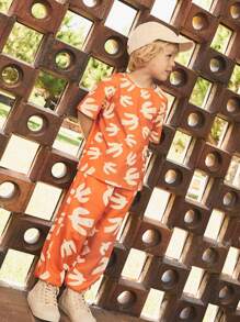 SHEIN Young Boy Orange Cute Seagull Print Elastic Waist Casual Sports Jogger Pants, Spring/Summer