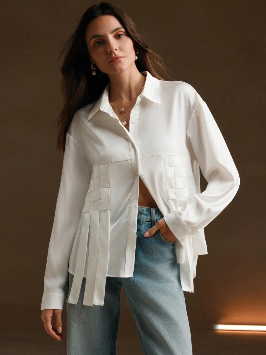 Anewsta Women's Solid Color Drop Shoulder Long Sleeve Fashionable Knit Trim Shirt, Spring/Summer