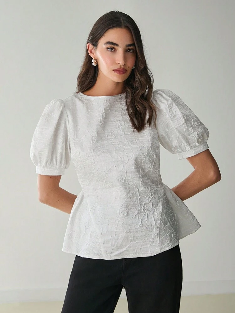 Romantic Autumn Women's White Puff Sleeve Backless Tie Elegant Shirt, Autumn Women's Shirt