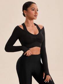 VARSITIE Women's Solid Color Long Sleeve Fitted Sports T-Shirt With Ruching, Versatile - Black - View 4