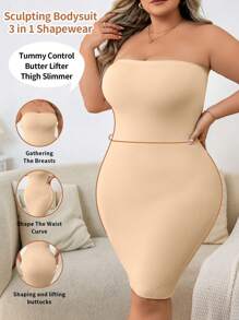 1 件大码女式纯色抹胸塑身连衣裙 - 杏色 - 查看 1