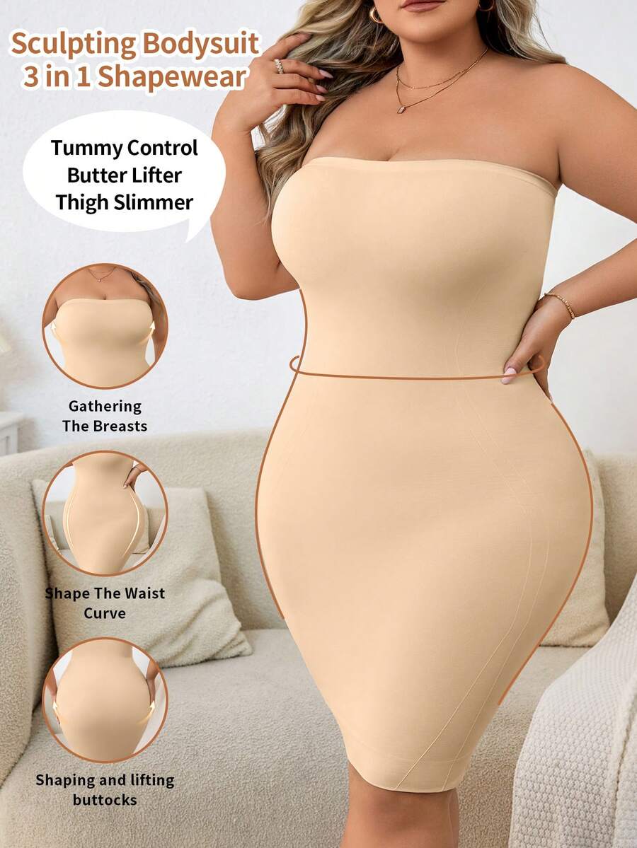 1 件大码女式纯色抹胸塑身连衣裙 - 杏色 - 查看 1