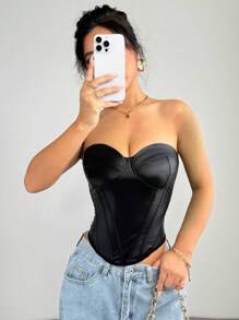 SHEIN SXY Top corset ajustado y delgado de PU negro estilo club nocturno sexy para fiestas - Negro - Ver 5