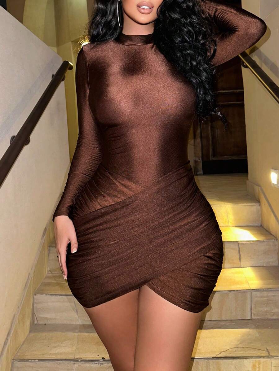 Allurite Women's Solid Color Round Neck Long Sleeve Dress Fall Cloth For Women - Brown - View 1