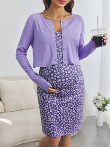 SHEIN 2pcs Maternity Casual Commuter Spring/Fall Set, Button Cardigan & Ditsy Floral Bodycon Dress - Purple - View 7