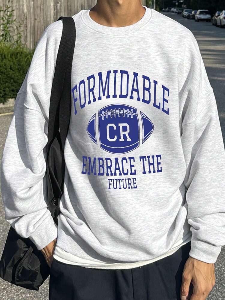 Men's Letter Print Drop Shoulder Crew Neck Pullover Sweatshirt, Autumn