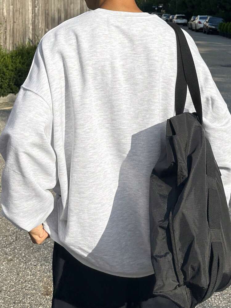 Men's Letter Print Drop Shoulder Crew Neck Pullover Sweatshirt, Autumn