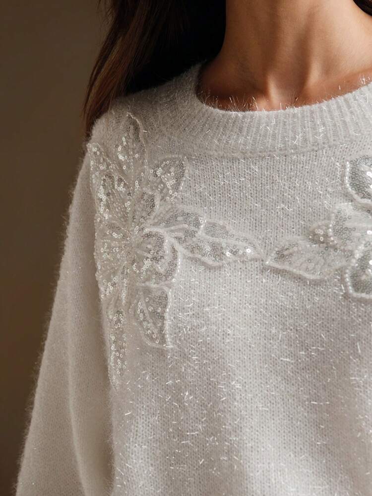 Women's Elegant Sequin Floral Round Neck Loose Sweater, Fall & Winter Knit Pullover