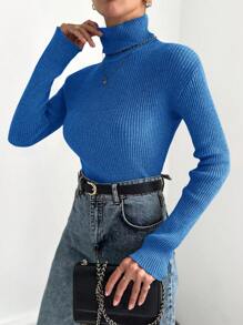 Cloudara Solid Color High Neck Sweater - Blue - View 3