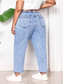 SHEIN CURVE+ Plus Size Casual Loose Denim Cropped Pants, Blue - Blue - View 2