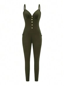 SHEIN Unity 女士纯色纽扣装饰无袖修身连体裤，夏季