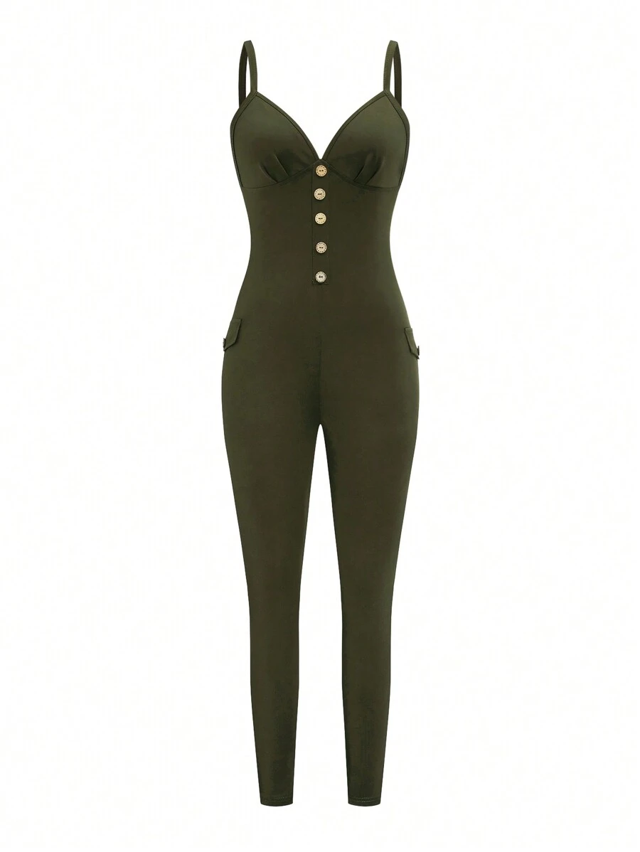 SHEIN Unity 女士纯色纽扣装饰无袖修身连体裤，夏季