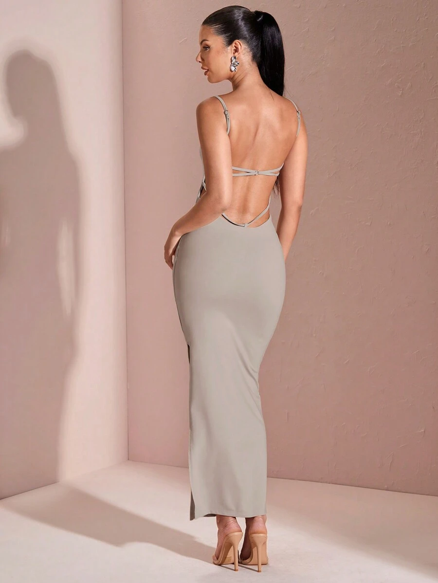 SHEIN BAE Đầm bodycon đen gợi cảm hở lưng, cổ vuông, dây mảnh, buộc chéo gợi cảm mùa hè - Xám - Xem 1