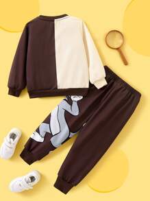 TOM & JERRY X SHEIN 2pcs/Set Young Boy Casual Cartoon Animal Print Brown Colorblock Sweatshirt And Sweatpants Set, Spring & Autumn Tracksuits - Brown - View 2