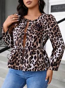 Calvaya Chaqueta de manga larga con estampado de leopardo, volantes en el bajo y nudo al frente, talla grande