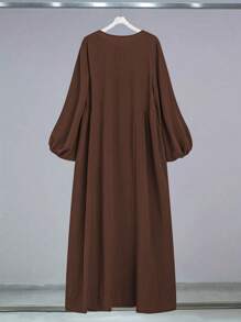 Al Najma Einfarbiges rundhalsiges Langarm Raffungskleid Chic arabischer Bescheidener Stil, Lässiges Smockkleid arabischer Stil