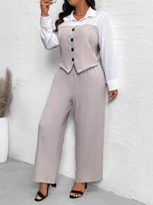 Calvaya 2pcs/Set Plus Size Women Daily Wear Color Block Long Sleeve Top And Solid Color Pants - Apricot - View 5