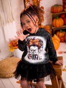 Young Girls Halloween Graphic Print Black Loose Pullover Sweatshirt - Black - View 1