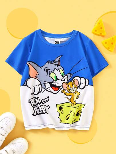 TOM & JERRY X SHEIN Young Boy Cartoon Print Blue Casual Cute Short Sleeve T-Shirt, Summer Graphic Tee