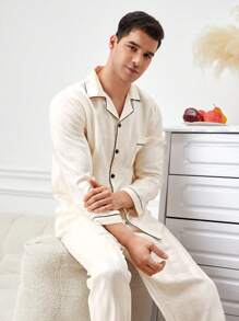 2pcs Men's Contrast Binding Pajama Set - Long Sleeve Top And Pants - Champagne - View 9