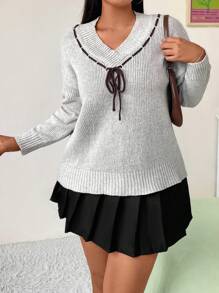 Flirla Plus Size Women V-Neck Tie-Front Drop Shoulder Long Sleeve Casual Knit Pullover Sweater Knit Pullover Fall Winter - Light Grey - View 3