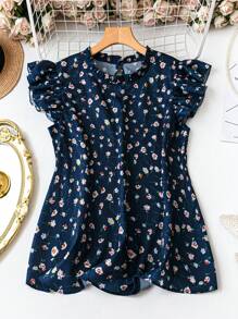 SHEIN Clasi Blusa holgada con volantes y estampado floral pequeño para mujer talla extra, para el verano