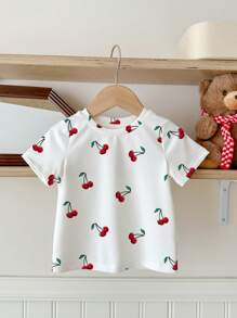 SHEIN Leap Crew ModeFlare Wear Baby Girl Casual Minimalist Cute Cherry Pattern White Short Sleeve Fitted Crew Neck Top, Suitable For Summer Baby Girl Clothes, Basic T-Shirt, Cute Shirts, Cute Tops For School - White - View 1