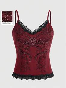 ROMWE Fairycore Camiseta de tirantes de mujer con contraste floral y encaje para el verano