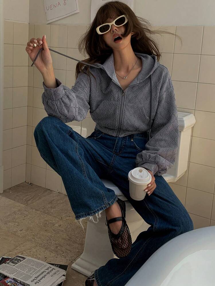 Women Plain Color Short Textured Hooded Zip-Up Sweatshirt,Fall Women Clothes Jacket