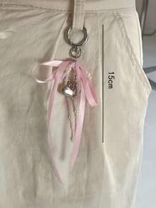 ROMWE Kawaii 1pc Pearl Bow Bag Charm Keychain, INS Style Heart Pendant Keyring Accessory - Multicolor - View 3