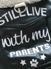 PETSIN 1 pieza Chaqueta de piel sintética negra con forro polar y bordado para mascotas, amistosa con correa, otoño/invierno - Negro - Ver 4