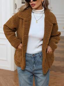 EMERY ROSE 复古休闲仿羊毛领纽扣口袋长袖夹克 - 棕色 - 查看 5