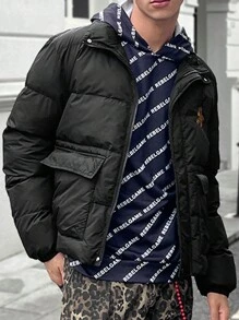 Manfinity RebelGame 男士梭织时尚休闲花卉印花修身长袖夹棉大衣，适合秋冬 - 黑色 - 查看 1