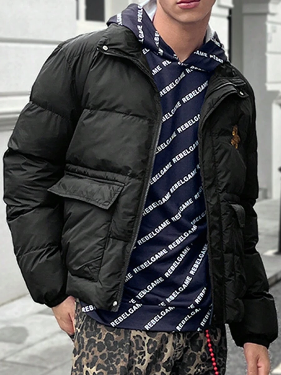 Manfinity RebelGame 男士梭织时尚休闲花卉印花修身长袖夹棉大衣,适合秋冬 - 黑色 - 查看 1