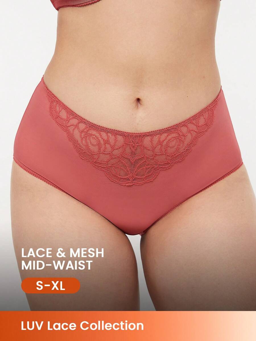 LUVLETTE Lingerie Mid-Rise Lace Mesh Brief Women Underwear Panties Set - Red - View 1