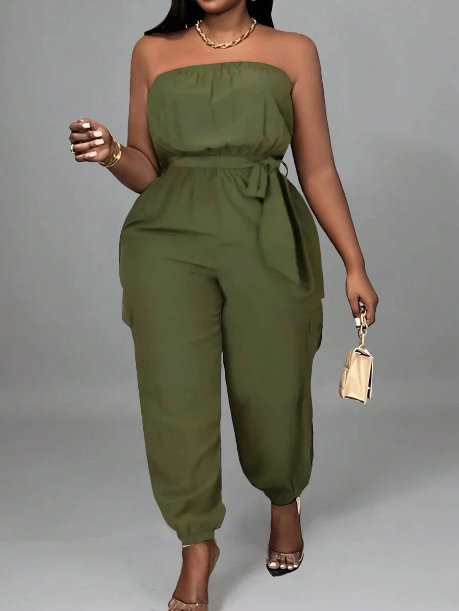 Slaydiva Plus Size Casual Streetwear Solid Color Strapless Jumpsuit With Belt, Pockets And Elastic Cuffs