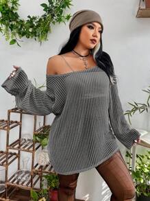 Flirla Plus Size Women Sheer & Hollow Out Long Sleeve Blouse - Dark Grey - View 4