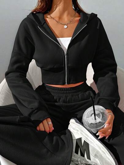 SHEIN EZwear Conjunto de Duas Peças com Moletom com Capuz e Zíper Preto da Moda e Calça para Mulheres na Primavera