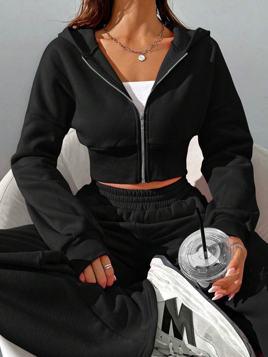 SHEIN EZwear Women's Spring Fashionable Black Zip Front Hoodie Sweatshirt And Pants Two Pieces Set - Black - View 1