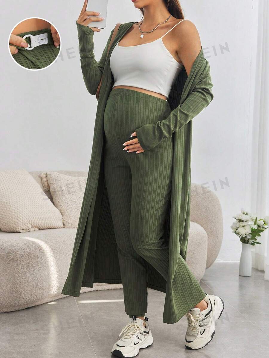 SHEIN 2 Teiliges Umstandsmode outfit - Strickjacke mit verstellbarer Taille und Skinny Hose Set - Grün - Übersicht 1
