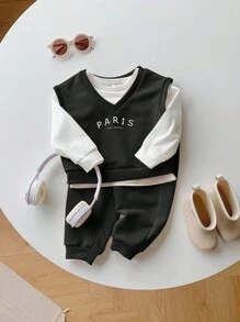 SHEIN Leap Crew 3 件装男婴字母印花圆领短袖上衣和纯色裤子套装 - 黑色 - 查看 4