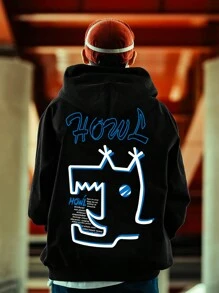 Manfinity Roghcode Loose Men's Star & Letter Graphic Zip-Up Drawstring Thermal Lined Hoodie (No T-Shirt) - Black - View 1